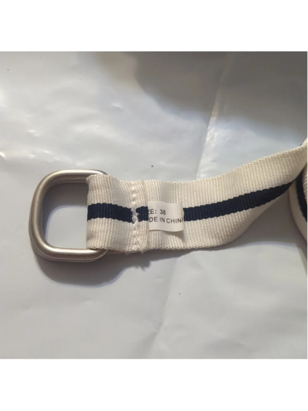 U.S. Polo Association Navy Blue and White Striped Canvas D Ring Belt - size 38